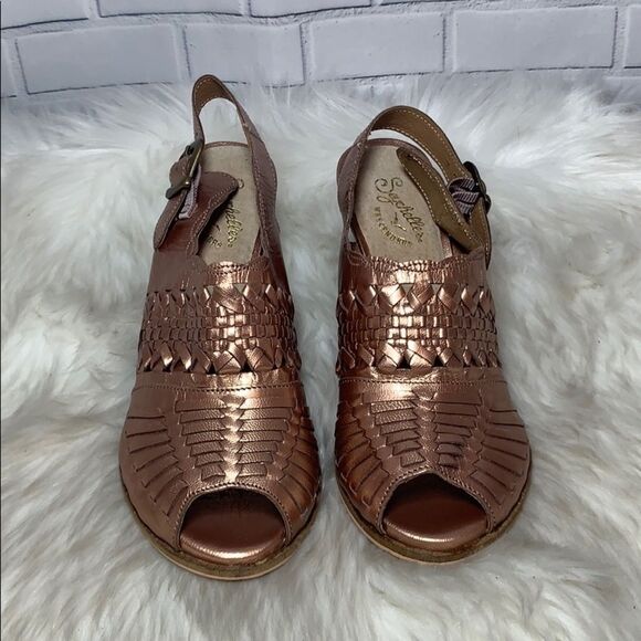 Seychelles Gold Woven Leather PeepToe Wedge Sz 6.5 - Picture 2 of 8